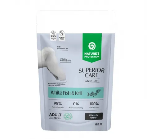 Nature's Protection Superior Care adult dog white coat all breed with white fish and krill fillets in gravy 85 g (Белая рыба и криль для взрослых собак)