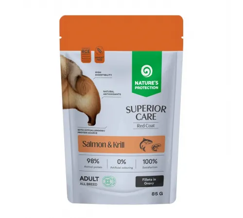 Nature's Protection Superior Care adult dog red coat all breed with salmon and krill fillets in gravy 85 g (Лосось и криль для взрослых собак)