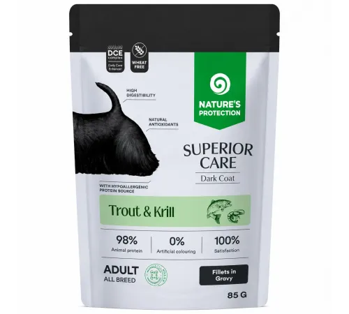 Natures Protection Superior Care adult dog black coat all breed with trout and krill fillets in gravy 85 g (Yetkin itlər üçün alabalıq və kril)